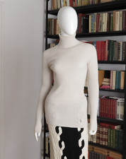 CHANEL 100% Cashmere Logo CC Beige Rib Sweater Size 40