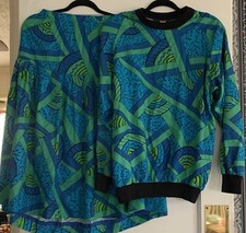 Vtg 80s Private Club Top Skirt Set Multicolor Lg Green Blue Rayon Retro