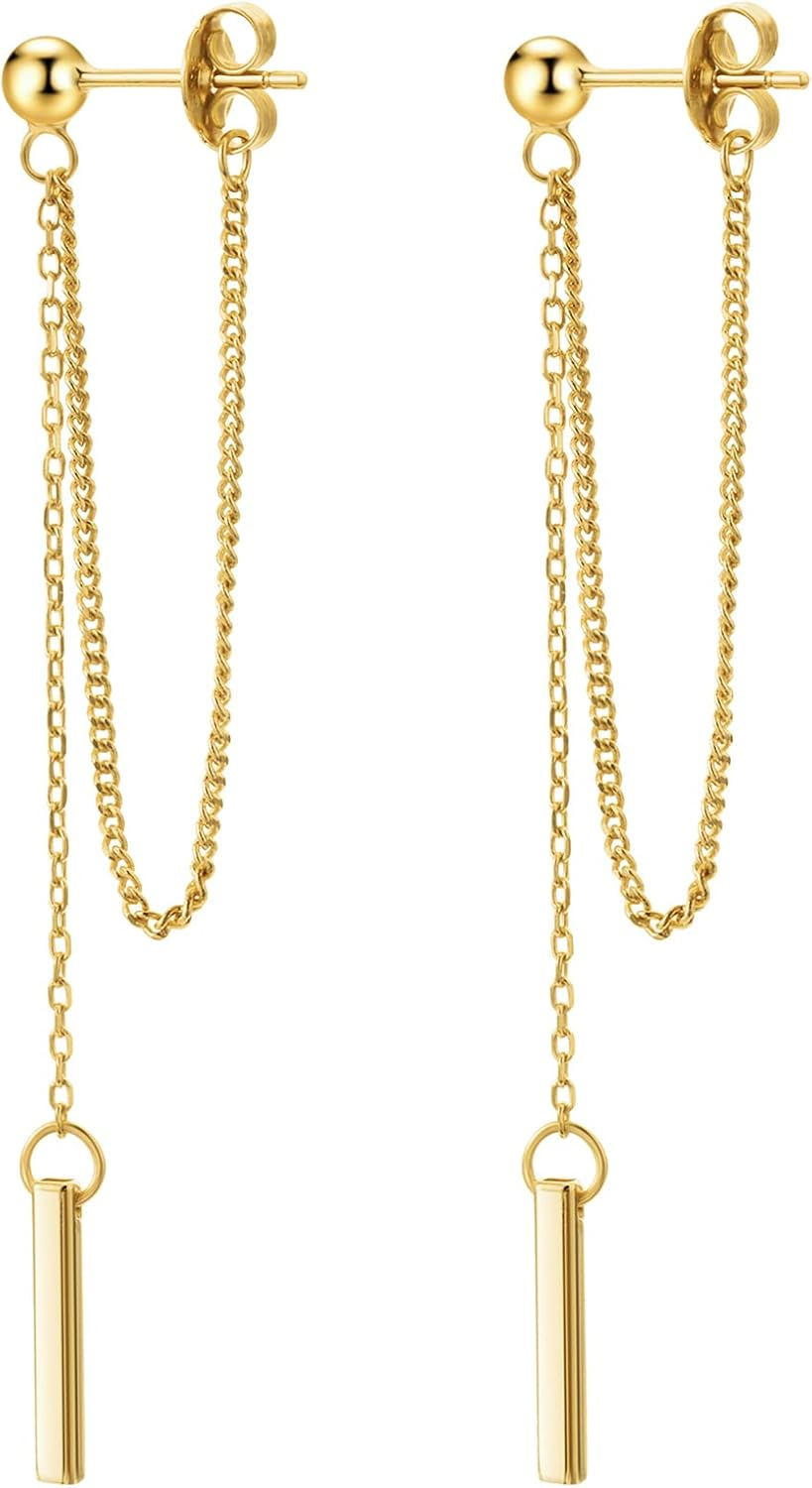 Chain Earrings for Women 18K Gold Plated Dainty Bar Drop Dangle Earrings Long Th