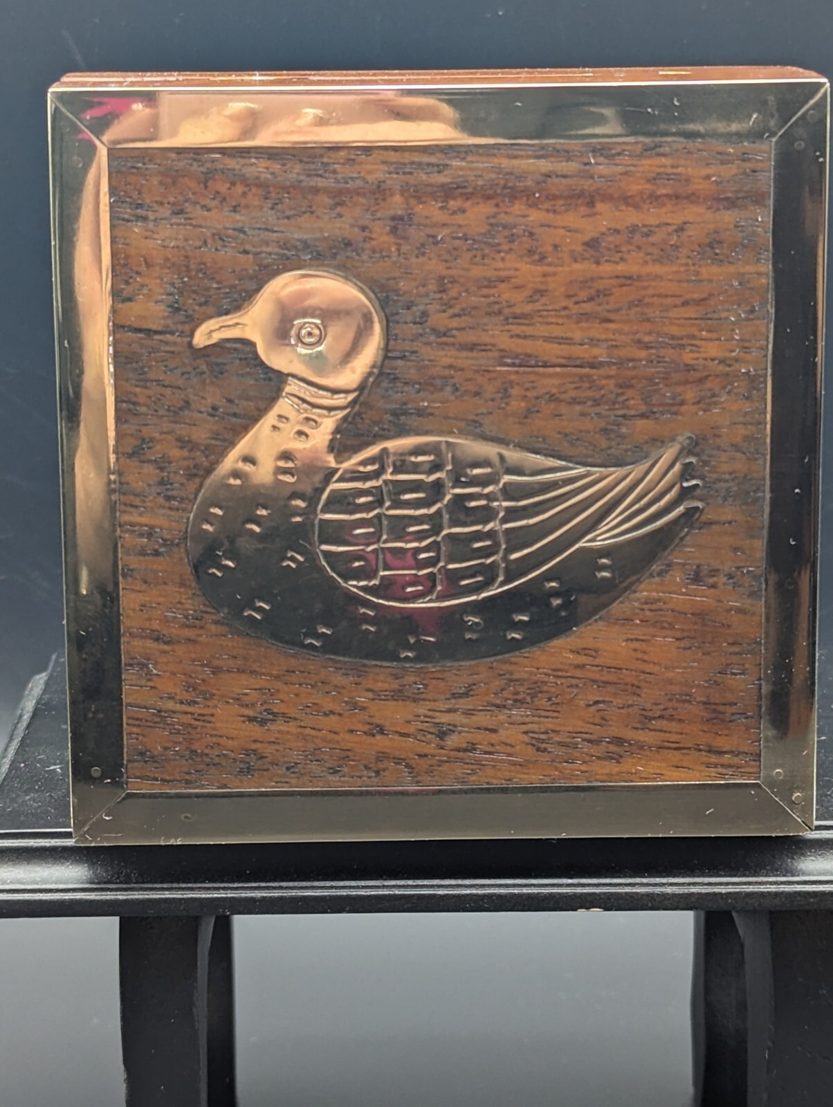 Vintage Wooden Hinged Snuff Box with Brass Duck Inlay for Jewelry Storage  