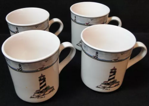 Totally Today Lighthouse Mugs Cups 3 1/2" Tall Coastal Scenes Set of 4 Excellent