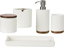 Bathroom Accessories Set, 5-Piece Ceramic and Wood Bath White, Beige