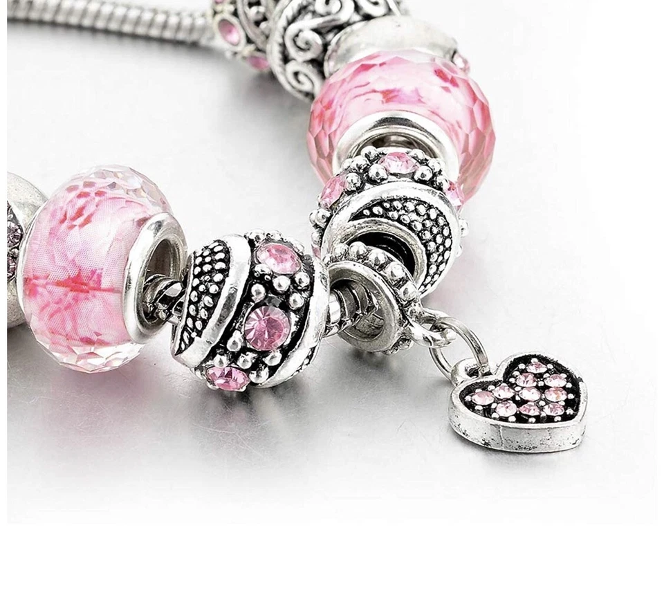 Pulseira Berloque Murano Banhada a Ouro 18K Coração Rosa CZ Feita com Elementos Swarovski - Imagem 2 de 3