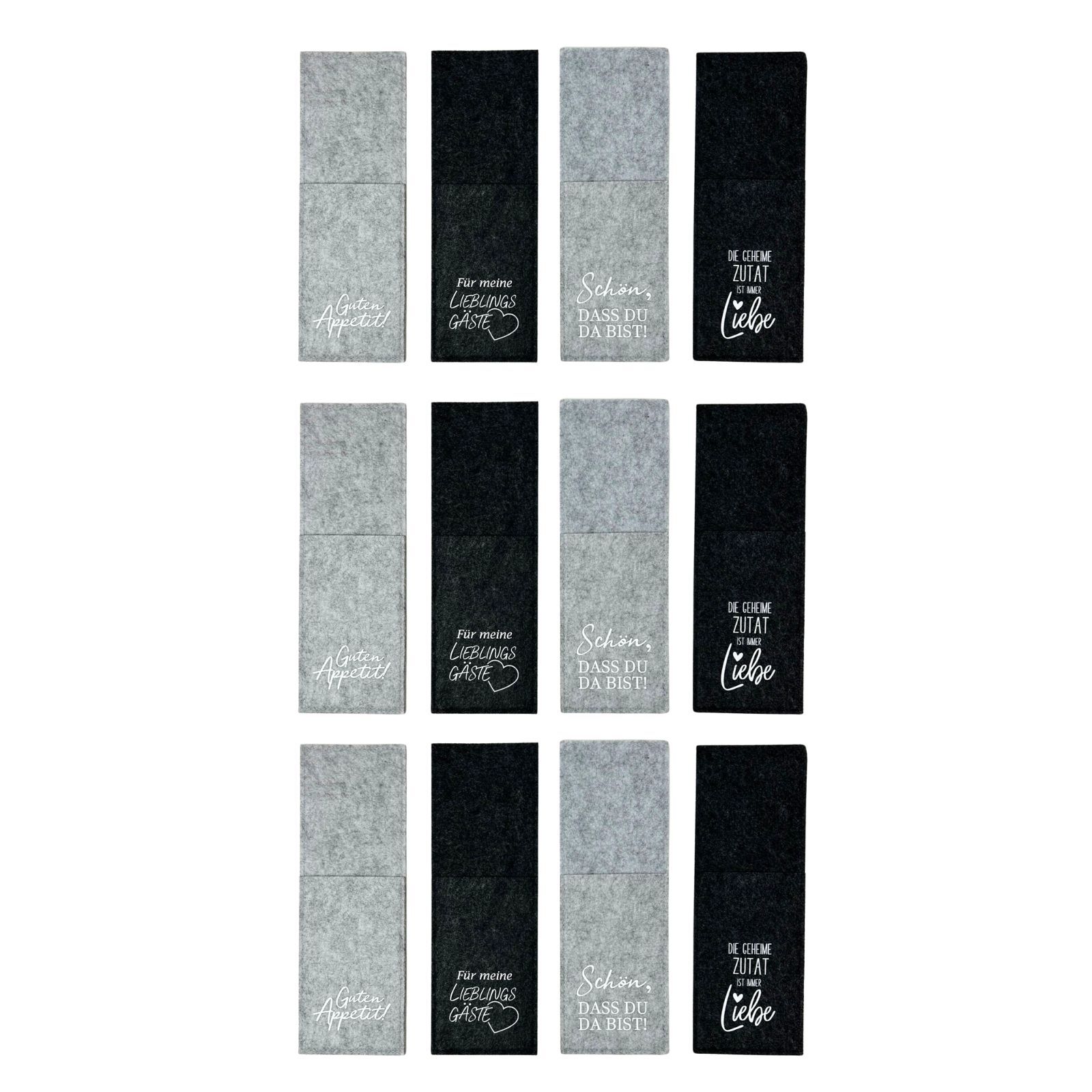 Bestecktasche Filz abwischbar Schwarz / Grau mit Sprüchen 4-fach sort. 12 Stück