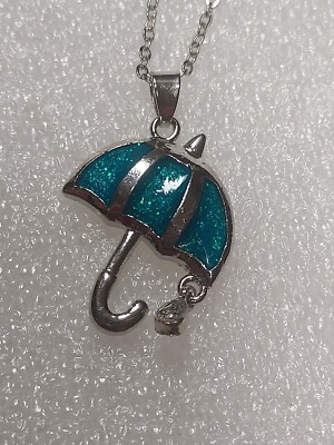 Cute Umrella With Simulated Opal Raindrop Charm Necklace For Rainy Weather...