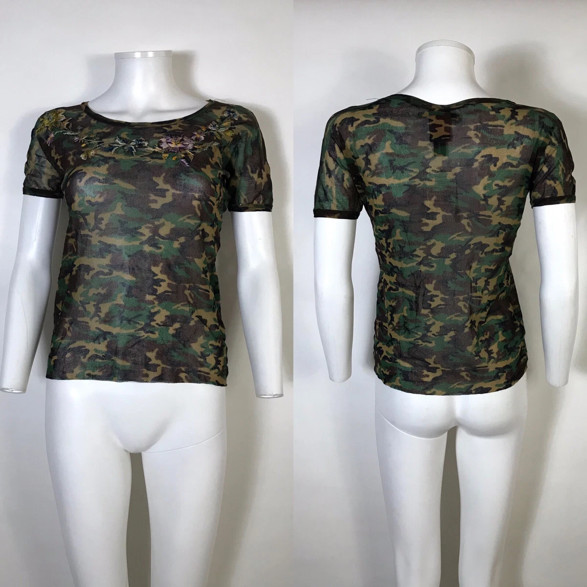 Rare Vtg Jean Paul Gaultier Camo Floral Embroidery Mesh Top XL