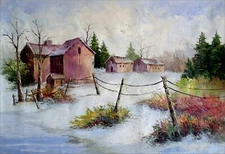 Quality Hand Painted Oil Painting Snowy Landscape with Cottages 24x36in