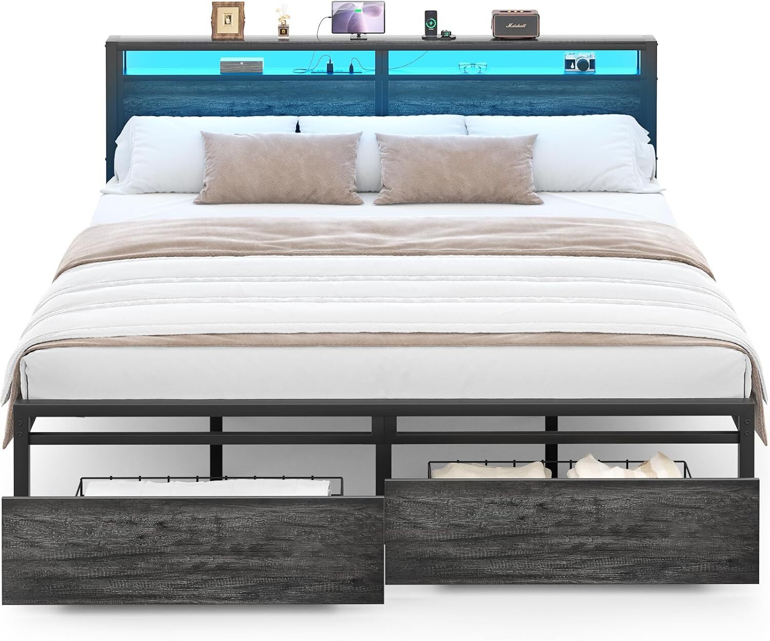 Bed Frame with Headboard ＆ 2 Storage Drawers, Metal Platform Bed w/LED ＆ Outlets-image