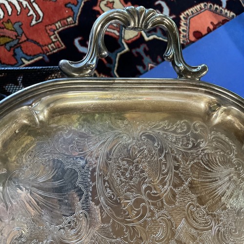 Large Vintage Footed Silver Serving Tray With Handles Engraved Vintage - Picture 3 of 8