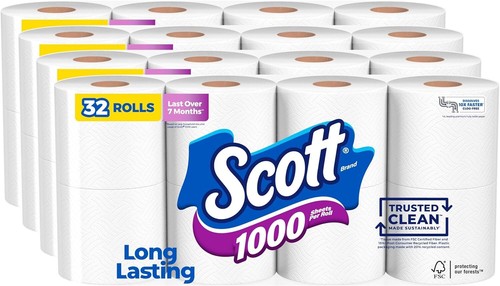 Scott 1000 Trusted Clean Toilet Paper, 32 Rolls, Septic-Safe, 1Ply Toilet Tissue