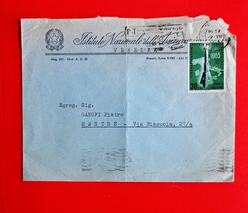 1964 busta con bollo 30 lire i.n.a. isolato con timbro d'arrivo ovale deformato