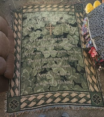 Vintage IRISH BLESSING Ireland Shamrock Cross Rug Tapestry Throw Blanket 65x50
