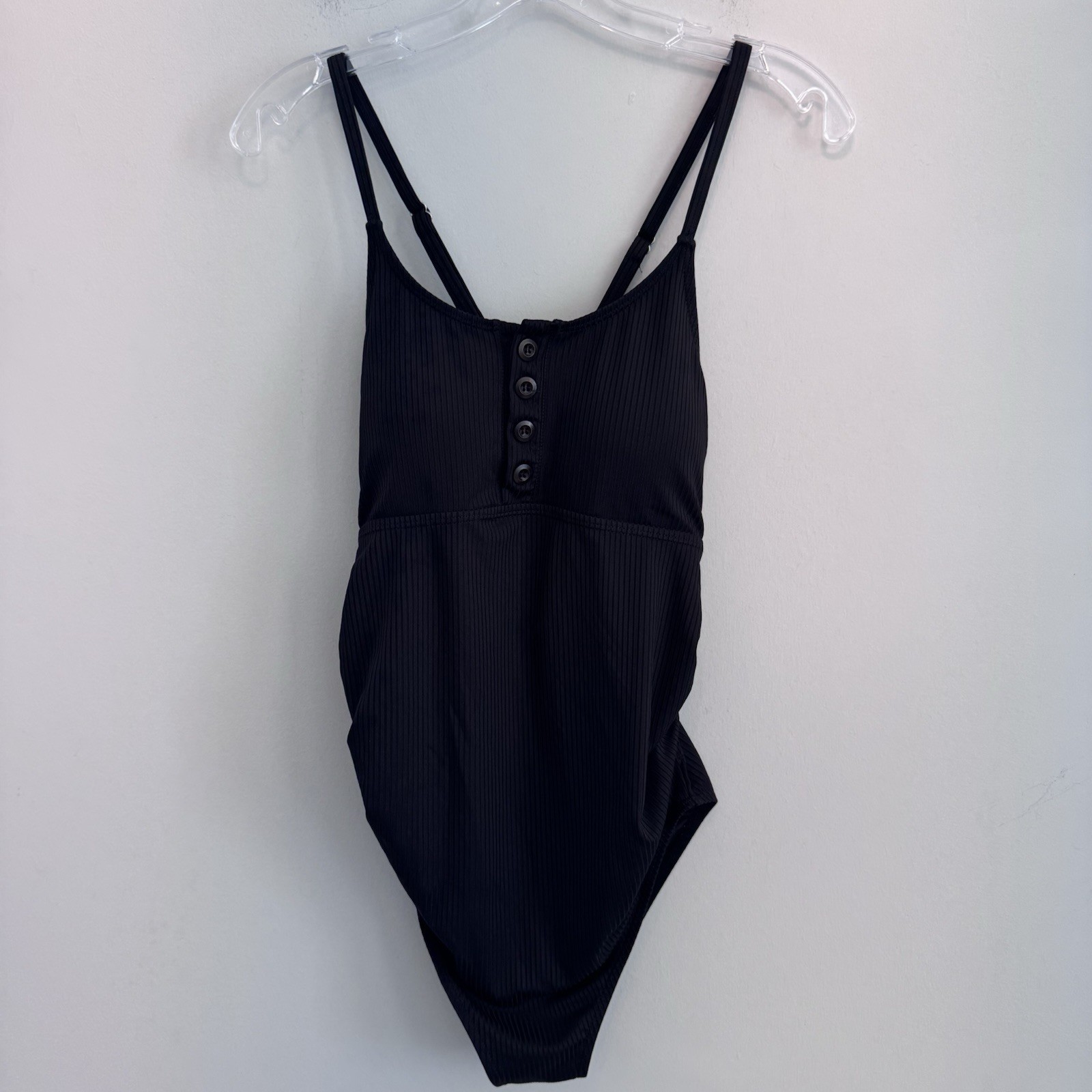 Summer Mae Black Ribbed Maternity One-Piece Swimsuit Button Front V-Neck Medium