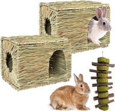 Foldable Grass Woven Animal Hut for Rabbit with Timothy Hay Chew Toy Hideout Bed