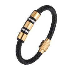 Leather rope bracelet, stainless steel cylinder accessory, leather woven bracele