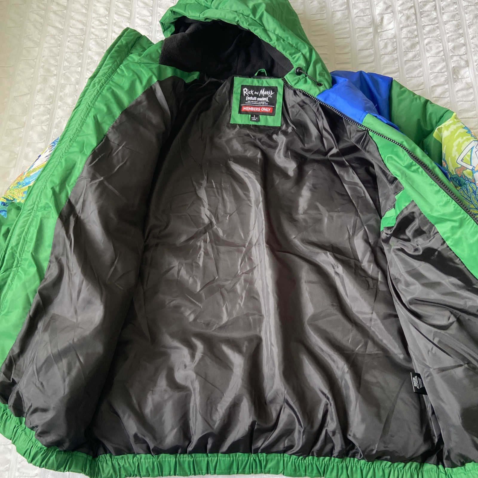 Rick and Morty Members Only Hooded Puffer Jacket Green Blue Size L Adult Swim image 7