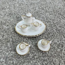 Miniature Tea Set Ceramic White Gold Trim Teapot, Cream, Sugar, Cups  Saucers