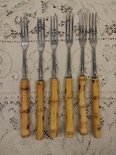 Vintage Set of 6 French Bamboo Fondue Serving Forks Stainless Steel Inox France