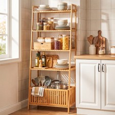 Bamboo Ladder Shelf w/4 Display Shelves 1 Open Storage Basket for Home