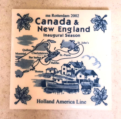 VTG Holland America Canada & New England Delft Tile Coaster with Cork Back 4"