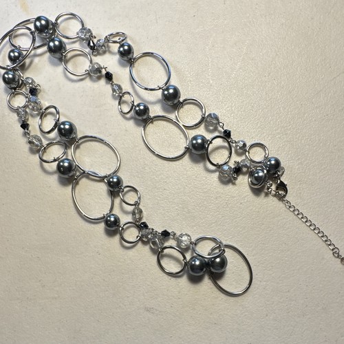 Lia Sophia Silver Tone Oval Link Necklace Gray Simulated Pearl Crystal Signed