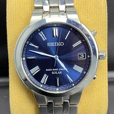 Rare Seiko Radio Wave Control Date Roman Index Blue Dial Vintage Watch Men