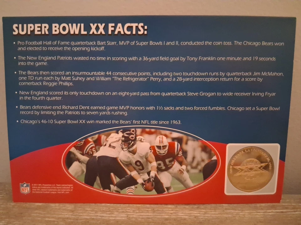 Moneda conmemorativa del Super Bowl XX con postal Jumbo Bears Vs Patriots 1986 Foto 3 de 4