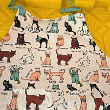 Central Chef Cat Print Bib Apron White/Multicolor Fabric Adjustable Neck Strap
