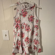 Janie and Jack Girls 8 White Pink Green Floral Fit Flare Round Button Ruffle