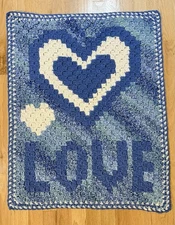 Crochet Handmade Blue Baby Blanket/ Lap Blanket Heart 20”x30”