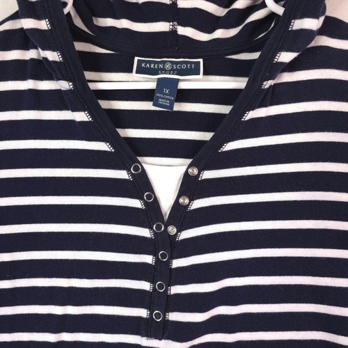Women's Hooded Knit Top Karen Scott 3/4 Sleeve PL Blue White Stripe Size 1X - Picture 4 of 13