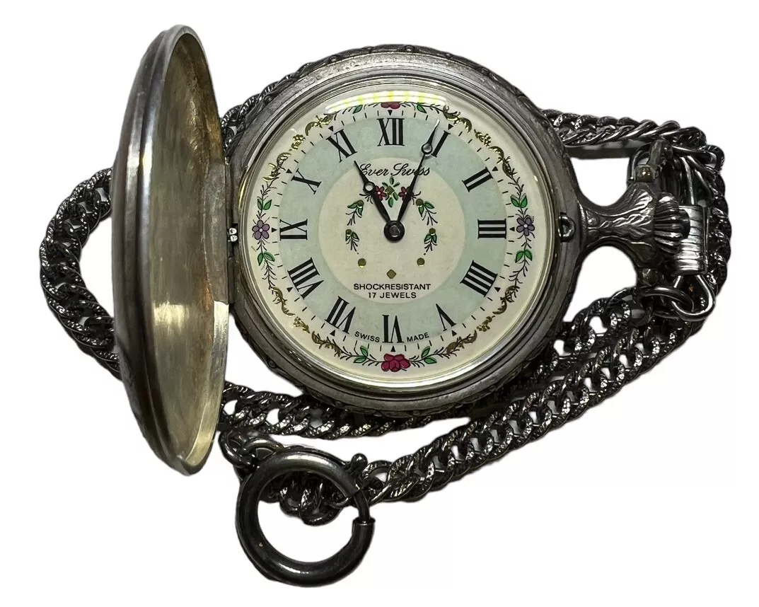Vtg 17 Jewels Ever Swiss Mechanical Wind Up Pocket Fishing Scene