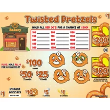 TWISTED PRETZELS 1 POINT/225P 750 PULL TABS HARD CARD TICKETS SEAL PARTY GAME