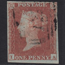 D28_16 GB QV 1841 1d RED-BROWN PLATE 100 SG8-B1(1) IA VFU 4M IMPERF LIGHT CANCEL