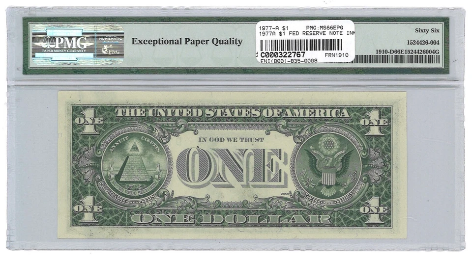 1977A $1 Federal Reserve Note Cleveland Fr#1910-D PMG GEM UNC 66 EPQ Ink Error - Image 2 of 3