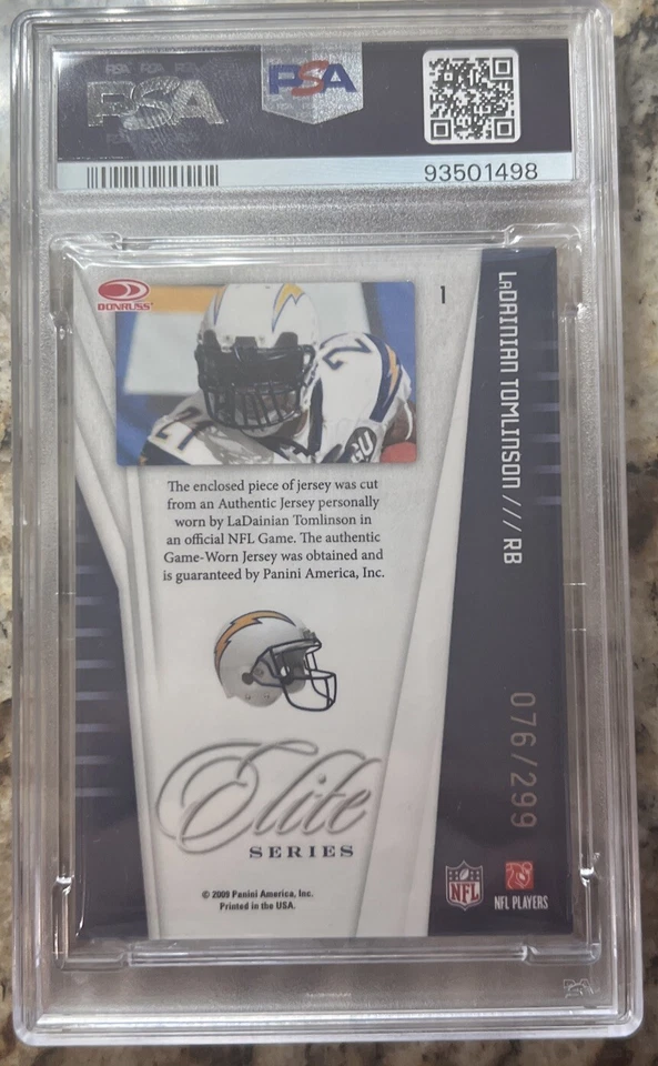 2009 Donruss Elite LaDainian Tomlinson Game Worn Powder Blue /299 PSA 8 Pop 3/0^ - Image 3 of 4