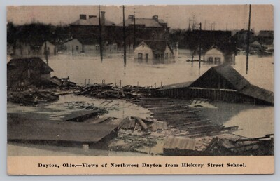 #ad 1913 Dayton Ohio Great Flood Vintage Postcard Northwest Hickory Street School $12.50