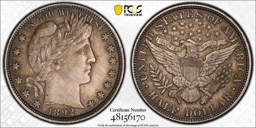 1892 BARBER HALF DOLLAR 50C PCGS AU58 UNCIRCULATED EVERYMAN SET SILVER (H98)