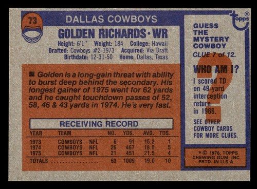 1976 Topps Golden Richards #73 NM Dallas Cowboys - Bild 2 von 2