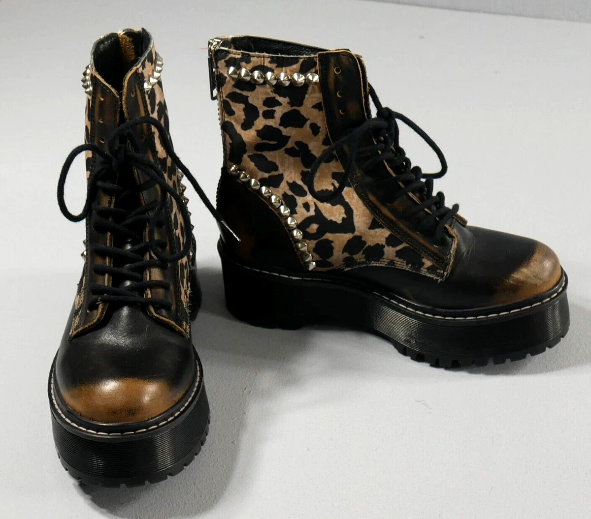 Steve Madden Avenger Studded Leopard Leather Platform Combat Boots