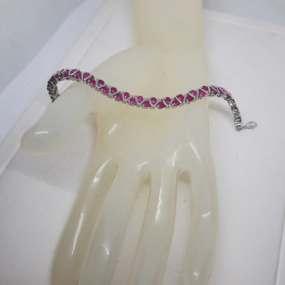 Pulsera Rubí Rojo Gema Simulada Oro Blanco 18K Relleno GP Tennis Line Zigzag 6.5" Foto 4 de 4