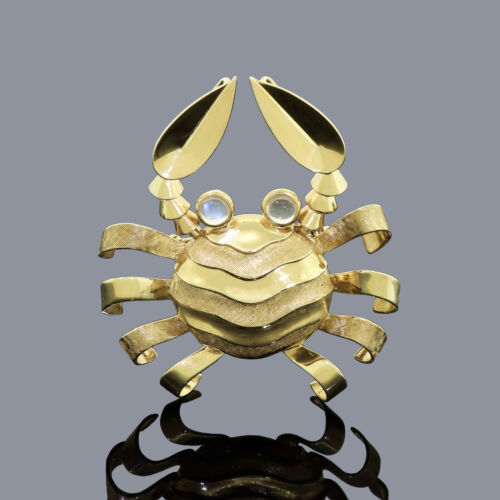 Vtg 14k Yellow Gold Zodiac Cancer Crab Moonstone … - image 1