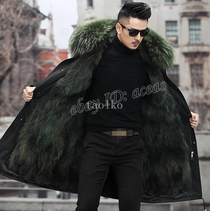 Men Real Raccoon Fur Lined ox Fur Collar Hooded Long Coat Winter Parka Overcoat