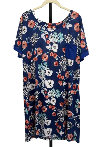 Reborn Blue Floral Print Pocket T-Shirt Mini Tunic Boho Dress - Size XL