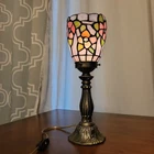 Vintage 1970 Dale Tiffany Table Torch Lamp Floral Stained Glass 12.5" Pink Blue