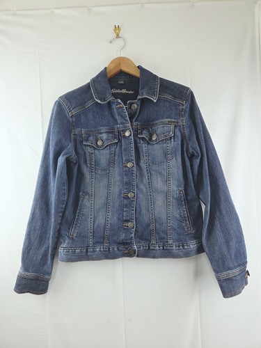 Eddie Bauer Women's Cotton Spandex Denim Distressed Button Up Jean Jacket Sz M
