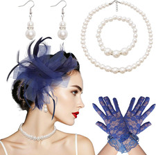 5Pcs Fascinator Hat for Womens Headpiece Tea Party with Pearl Lace Gloves Set 20