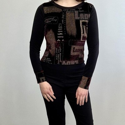Y2K graphic mesh velour brown text top, Size Small