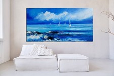GRANDE QUADRO cielo azzurro nuvole MARE SALONE olio su tela, cm.50x100