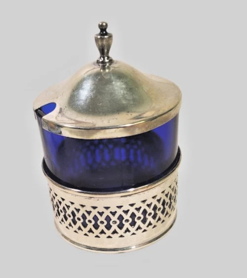 Tarro de mostaza Webster Sterling con revestimiento de vidrio cobalto Foto 2 de 4